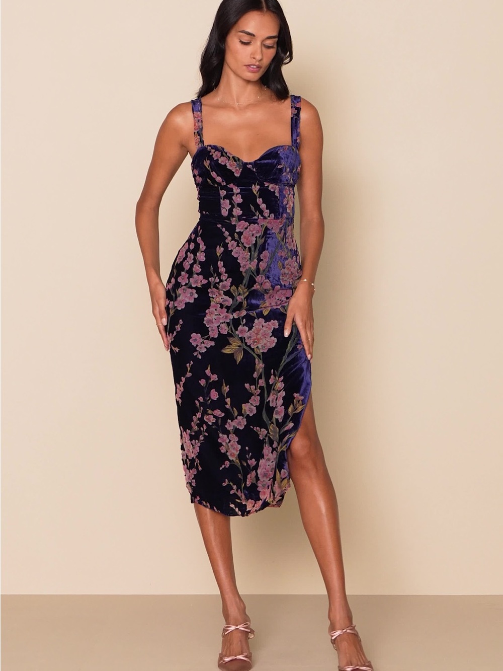 Lulus Plum Floral Velvet Midi Dress